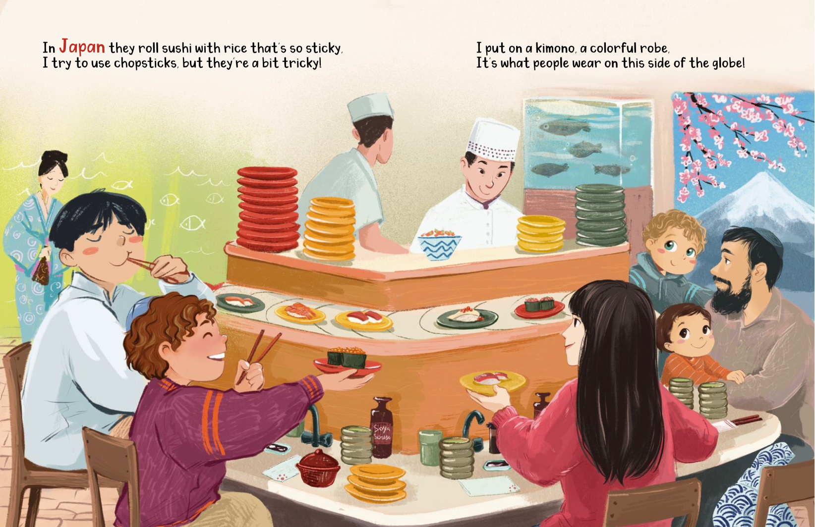 A sample spread from Around Hashem's World: a family enjoys sushi at a restaurant in Japan.
